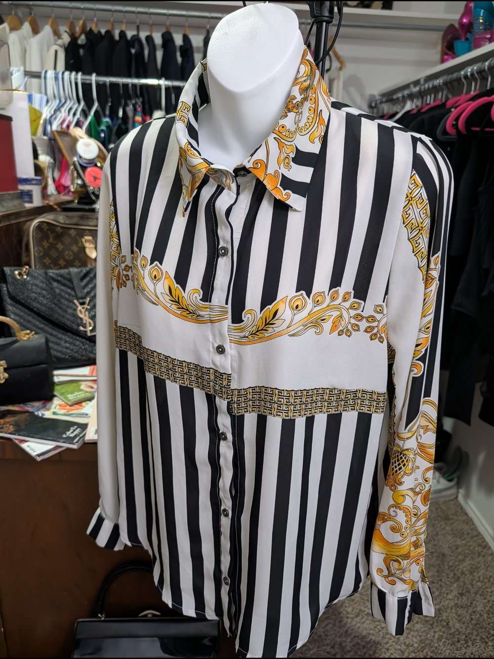 Women's Black & White Striped Button-Down Shirt with Gold Baroque Print